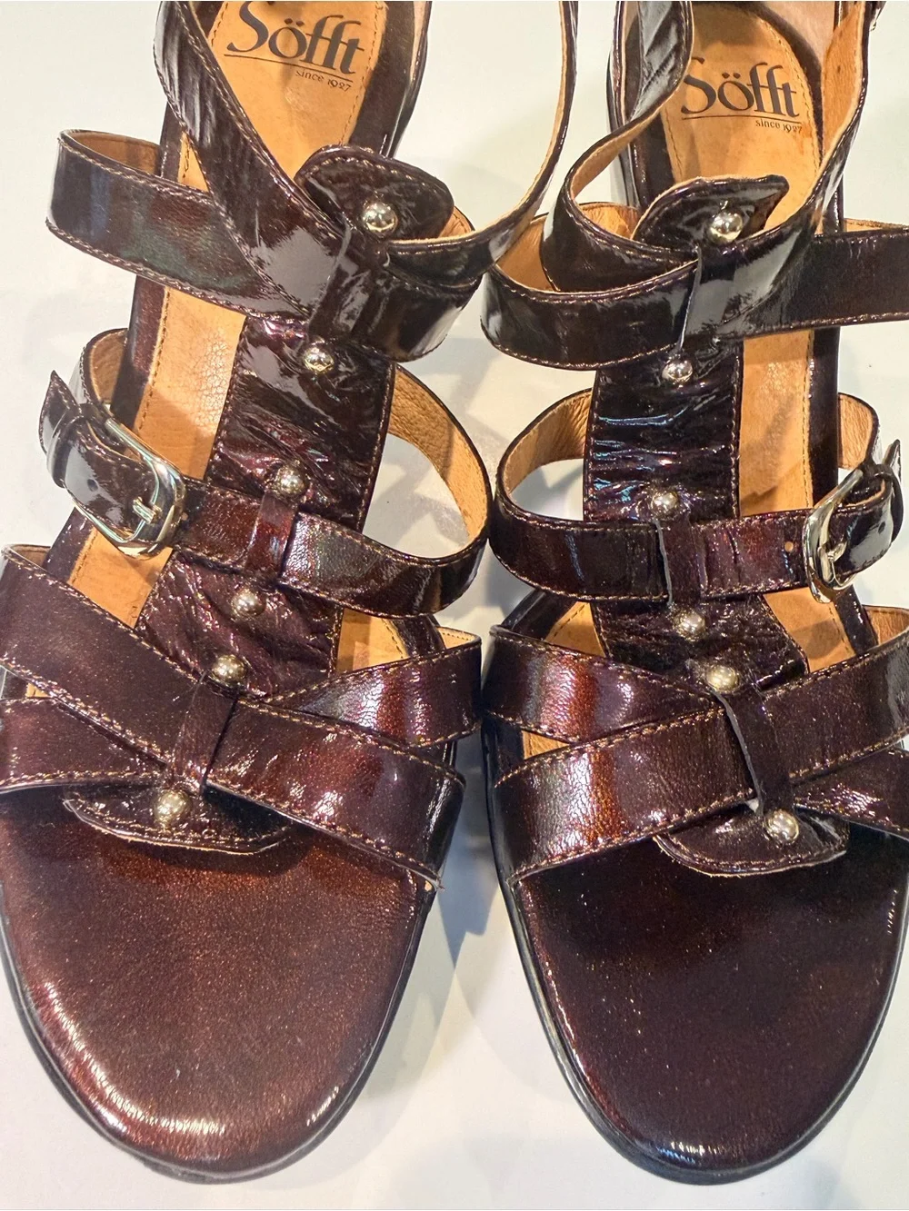 Women's Brown Strappy Patent Leather Sandals